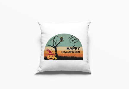 Happy Halloween Black text -Pumpkin And Trees -Halloween Theme Pillow Covers (Pack Of 2)