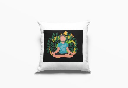 A Young Man - Cartoon - Sitting In Front Of Om Symbol, (BG Green And Yellow) -Printed Pillow Covers(Pack Of 2)