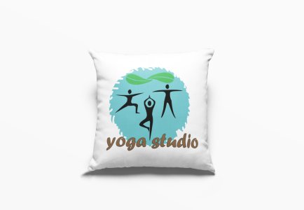 Yoga Studio, 3 Images Dancing, (BG Blue Circle) -Printed Pillow Covers(Pack Of 2)