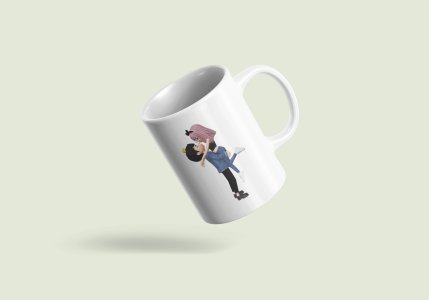 Boy lifting  girl - valentine themed printed ceramic white coffee and tea mugs/ cups