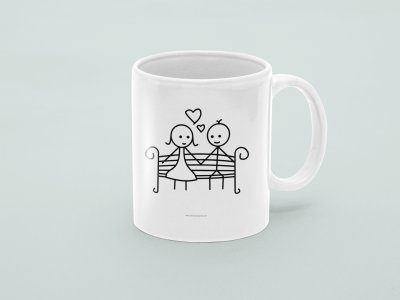Couple Setting Bench - valentine themed printed ceramic white coffee and tea mugs/ cups
