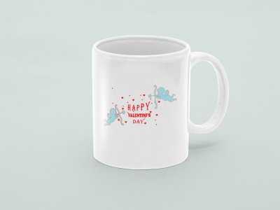 Happy Valentines Day With Too Cute for Cupid - valentine themed printed ceramic white coffee and tea mugs/ cups