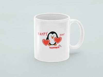 Penguin With Hearts - valentine themed printed ceramic white coffee and tea mugs/ cups