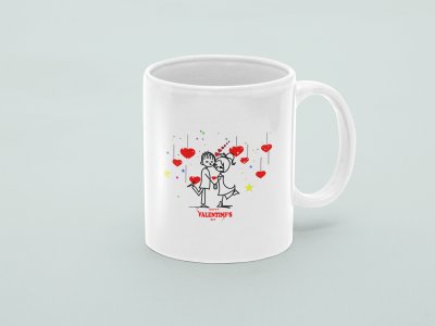 Couple Holding Hands Romantic With Hanging Hearts - valentine themed printed ceramic white coffee and tea mugs/ cups