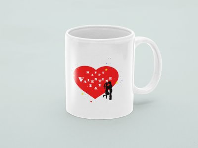 Happy Valentine  Day text in White - valentine themed printed ceramic white coffee and tea mugs/ cups