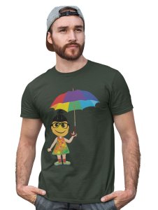 A Young Emoji Girl with Umbrella Printed T-shirt (Green) - Clothes for Emoji Lovers - Suitable for Fun Events- Foremost Gifting Material for Your Friends and Close Ones