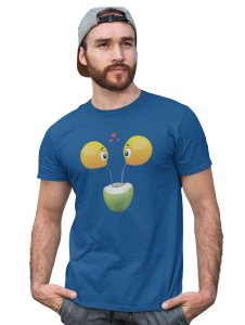 Loveable Emoji Couple Drinking Coconut Water Printed T-shirt (Blue) - Clothes for Emoji Lovers - Suitable for Fun Events - Foremost Gifting Material for Your Friends and Close Ones