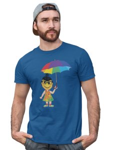 A Young Emoji Girl with Umbrella Printed T-shirt (Blue) - Clothes for Emoji Lovers - Suitable for Fun Events- Foremost Gifting Material for Your Friends and Close Ones