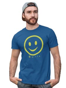 Simple Smile -Yellowish Outline Printed T-shirt (Blue) - Clothes for Emoji Lovers - Suitable for Fun Events - Foremost Gifting Material for Your Friends and Close Ones