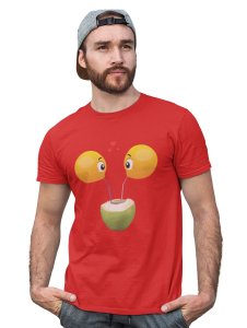 Loveable Emoji Couple Drinking Coconut Water Printed T-shirt (Red) - Clothes for Emoji Lovers - Foremost Gifting Material for Your Friends and Close Ones