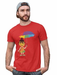 A Young Emoji Girl with Umbrella Printed T-shirt (Red) - Clothes for Emoji Lovers - Suitable for Fun Events- Foremost Gifting Material for Your Friends and Close Ones