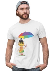 A Young Emoji Girl with Umbrella Printed T-shirt (White) - Clothes for Emoji Lovers - Suitable for Fun Events- Foremost Gifting Material for Your Friends and Close Ones