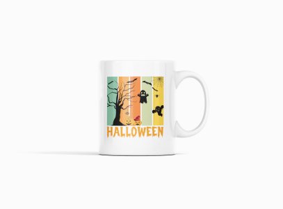 Halloween Orange Text -Pumpkins And Ghosts-Halloween Themed Printed Coffee Mugs