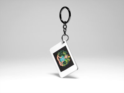 A Young Man - Cartoon - Sitting In Front Of Om Symbol, (BG Green And Yellow)- Printed Acrylic Keychains(Pack Of 2)