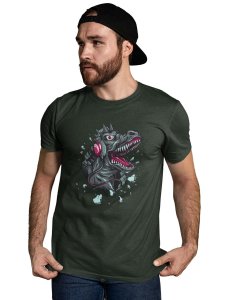 Dinasaur With Headphone Green Round Neck Cotton Half Sleeved T-Shirt with Printed Graphics