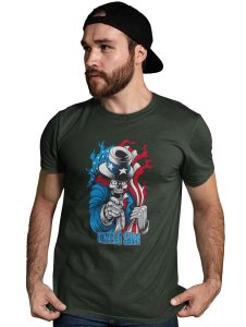 Uncle Sam Green Round Neck Cotton Half Sleeved T-Shirt with Printed Graphics