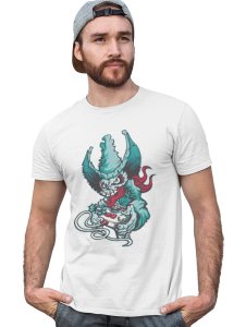 Demon - The Gamer White Round Neck Cotton Half Sleeved T-Shirt with Printed Graphics