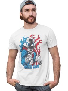 Uncle Sam White Round Neck Cotton Half Sleeved T-Shirt with Printed Graphics