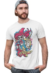Skull Cowboy White Round Neck Cotton Half Sleeved T-Shirt with Printed Graphics