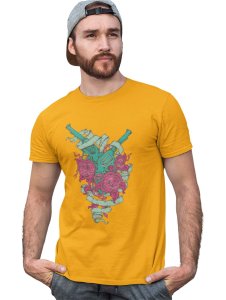 Rods And Roses Yellow Round Neck Cotton Half Sleeved T-Shirt with Printed Graphics