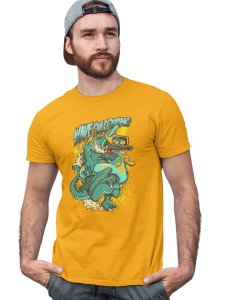 The Wave Monster Graphic Printed Yellow Cotton Round Neck Half Sleeves Tshirt