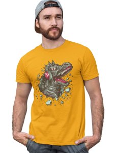 Dinasaur With Headphone Yellow Round Neck Cotton Half Sleeved T-Shirt with Printed Graphics