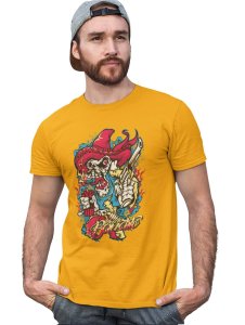 Skull Cowboy Yellow Round Neck Cotton Half Sleeved T-Shirt with Printed Graphics