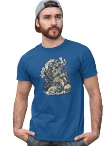 Ride Loose, (BG Blue) Blue Round Neck Cotton Half Sleeved T-Shirt with Printed Graphics
