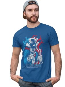 Uncle Sam Blue Round Neck Cotton Half Sleeved T-Shirt with Printed Graphics