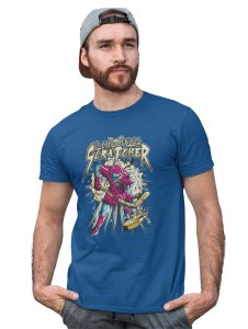 Skull Cowboy Blue Round Neck Cotton Half Sleeved T-Shirt with Printed Graphics