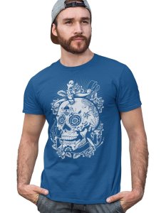 Rich Skull Blue Round Neck Cotton Half Sleeved T-Shirt with Printed Graphics