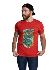 The Wave Monster Red Round Neck Cotton Half Sleeved T-Shirt with Printed Graphics