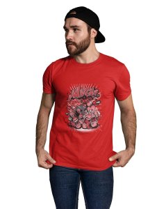 The Monster Bowling Red Round Neck Cotton Half Sleeved T-Shirt with Printed Graphics