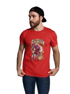 Skull Ice Hockey Red Round Neck Cotton Half Sleeved T-Shirt with Printed Graphics