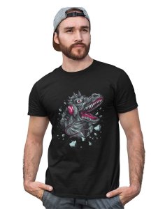 Dinasaur With Headphone Black Round Neck Cotton Half Sleeved T-Shirt with Printed Graphics