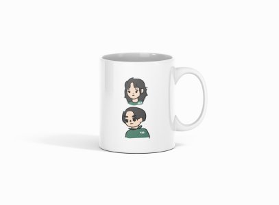 Straight hair boy, curly hair girl - animation themed printed ceramic white coffee and tea mugs/ cups for animation lovers