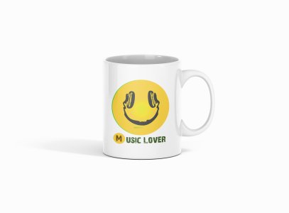 Smile with a Headphone- emoji printed ceramic white coffee and tea mugs/ cups for emoji lover people
