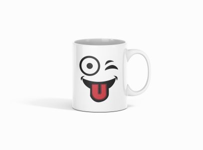 Left Eye Blink Emoji- emoji printed ceramic white coffee and tea mugs/ cups for emoji lover people