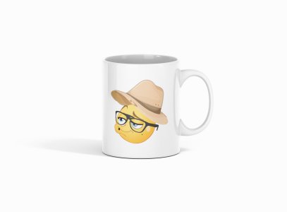 Pouting Emoji with Hat Printed- emoji printed ceramic white coffee and tea mugs/ cups for emoji lover people