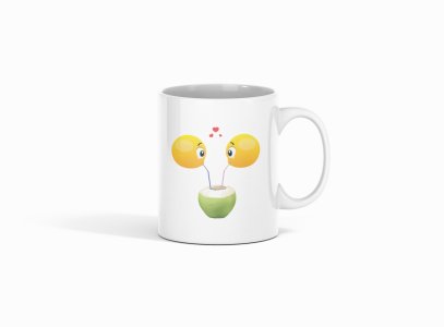 Loveable Emoji Couple Drinking Coconut Water- emoji printed ceramic white coffee and tea mugs/ cups for emoji lover people