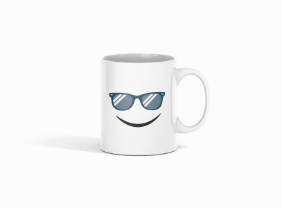 Cool Glasses, Frecky Smile Emoji- emoji printed ceramic white coffee and tea mugs/ cups for emoji lover people