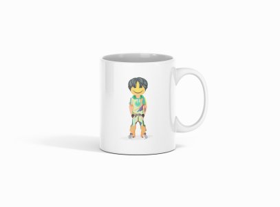 A Young Standing Emoji Boy- emoji printed ceramic white coffee and tea mugs/ cups for emoji lover people