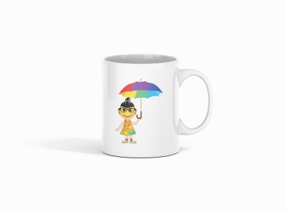 A Young Girl with Umbrella- emoji printed ceramic white coffee and tea mugs/ cups for emoji lover people