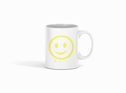 Smile Text (yellow) - emoji printed ceramic white coffee and tea mugs/ cups for emoji lover people