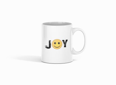 Joy Written in Text With Smile Emoji- emoji printed ceramic white coffee and tea mugs/ cups for emoji lover people