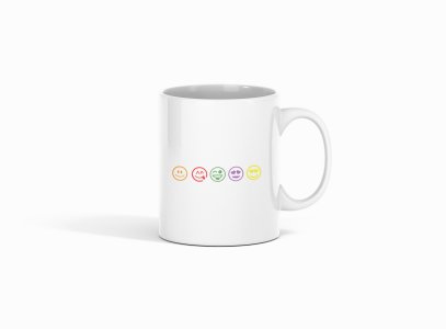 Scribbled Five different Emojis - emoji printed ceramic white coffee and tea mugs/ cups for emoji lover people