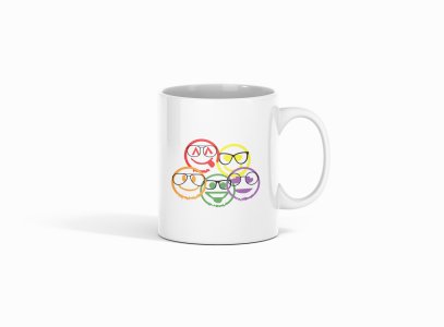 Five Colour Shaded Shapes With Glasses Emojis - emoji printed ceramic white coffee and tea mugs/ cups for emoji lover peoples