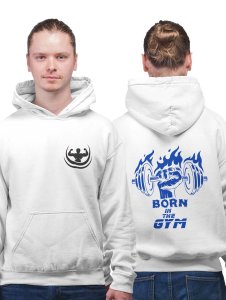 Born In The Gym, Fist In Blue Flame printed artswear white hoodies for winter casual wear specially for Men