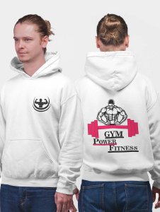 Gym Power Fitness , Pink Barbell printed artswear white hoodies for winter casual wear specially for Men
