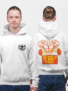 Gym Is My Happy Place  printed artswear white hoodies for winter casual wear specially for Men